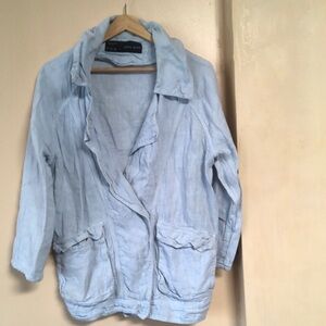 ZARA Linen Utility Bomber Spring Chore Jacket Baby Blue Cargo Pockets Relaxed